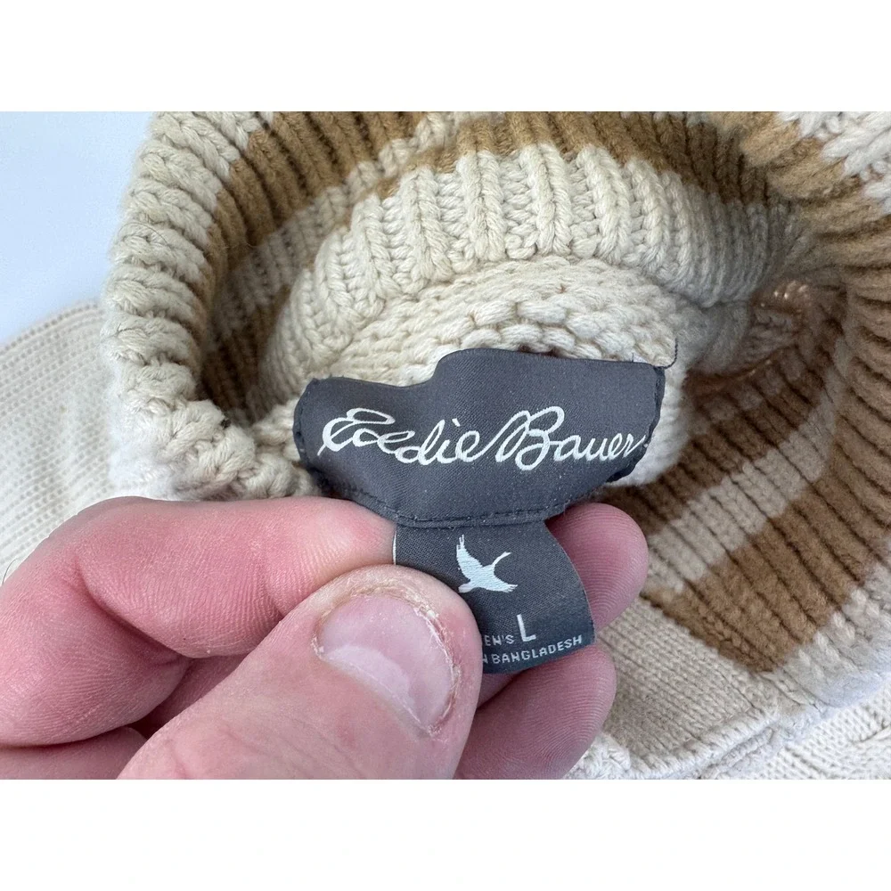 Eddie Bauer‎ Fishermans Sweater Large Mens Cable Knit Mock Neck Button Beige - Picture 2 of 15